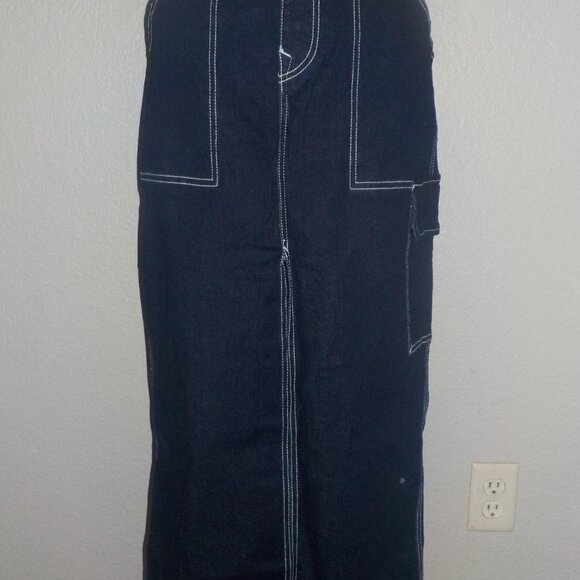 TRUE RELIGION WOMENS SIZES CARGO DARK WASH WHITE TOP STITCHED MAXI DENIM SKIRT - Picture 10 of 11